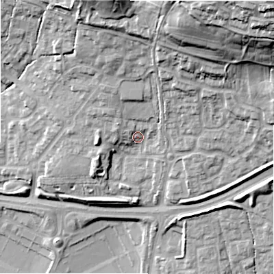 Shaded relief map of the ground around SN252FQ, computed from Environment Agency LiDAR. The ground here sits at about 102 m above sea level and falls 48 m across the surrounding 800 m. Surface water reaching this point runs off ground lying to the north-north-east, 25.5 m higher.