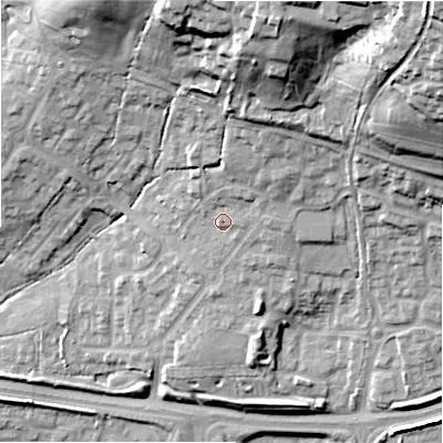 Shaded relief map of the ground around SN252FY, computed from Environment Agency LiDAR. The ground here sits at about 105 m above sea level and falls 47 m across the surrounding 800 m. Surface water reaching this point runs off ground lying to the north-north-east, 10.8 m higher.