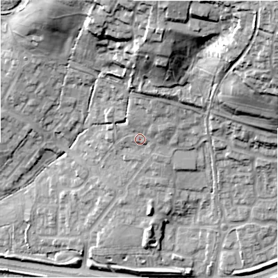 Shaded relief map of the ground around SN252GE, computed from Environment Agency LiDAR. The ground here sits at about 106 m above sea level and falls 48 m across the surrounding 800 m. Surface water reaching this point runs off ground lying to the north-north-east, 9.0 m higher.