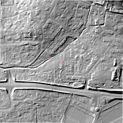 Shaded relief map of the ground around SN252GZ, computed from Environment Agency LiDAR. The ground here sits at about 97 m above sea level and falls 33 m across the surrounding 800 m. Surface water reaching this point runs off ground lying to the north-east, 17.6 m higher.