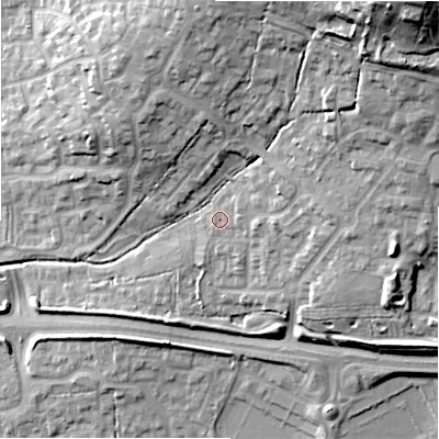 Shaded relief map of the ground around SN252HA, computed from Environment Agency LiDAR. The ground here sits at about 98 m above sea level and falls 37 m across the surrounding 800 m. Surface water reaching this point runs off ground lying to the east-north-east, 2.4 m higher.