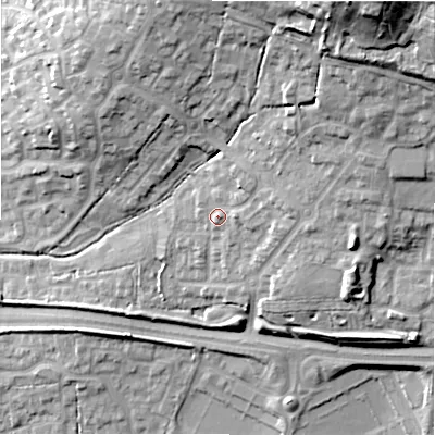 Shaded relief map of the ground around SN252HB, computed from Environment Agency LiDAR. The ground here sits at about 100 m above sea level and falls 35 m across the surrounding 800 m. Surface water reaching this point runs off ground lying to the north-east, 16.3 m higher.