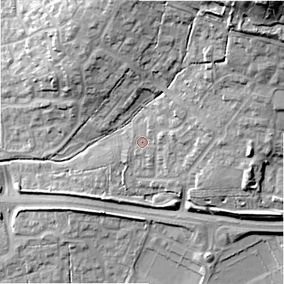 Shaded relief map of the ground around SN252HD, computed from Environment Agency LiDAR. The ground here sits at about 98 m above sea level and falls 34 m across the surrounding 800 m. Surface water reaching this point runs off ground lying to the north-east, 17.4 m higher.