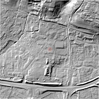 Shaded relief map of the ground around SN252HJ, computed from Environment Agency LiDAR. The ground here sits at about 105 m above sea level and falls 49 m across the surrounding 800 m. Surface water reaching this point runs off ground lying to the north, 2.1 m higher.