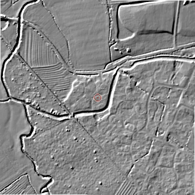 Shaded relief map of the ground around SN252HN, computed from Environment Agency LiDAR. The ground here sits at about 84 m above sea level and falls 8 m across the surrounding 800 m. Surface water reaching this point runs off ground lying to the west-south-west, 0.5 m higher.
