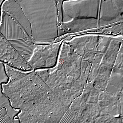 Shaded relief map of the ground around SN252JJ, computed from Environment Agency LiDAR. The ground here sits at about 84 m above sea level and falls 10 m across the surrounding 800 m. Surface water reaching this point runs off ground lying to the east, 1.7 m higher.