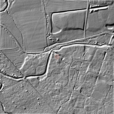 Shaded relief map of the ground around SN252JN, computed from Environment Agency LiDAR. The ground here sits at about 84 m above sea level and falls 8 m across the surrounding 800 m. Surface water reaching this point runs off ground lying to the south-east, 4.6 m higher.