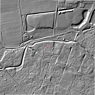 Shaded relief map of the ground around SN252LL, computed from Environment Agency LiDAR. The ground here sits at about 84 m above sea level and falls 7 m across the surrounding 800 m. Surface water reaching this point runs off ground lying to the south-south-east, 2.0 m higher.