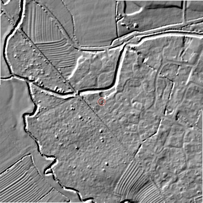Shaded relief map of the ground around SN252NE, computed from Environment Agency LiDAR. The ground here sits at about 84 m above sea level and falls 7 m across the surrounding 800 m. Surface water reaching this point runs off ground lying to the south-east, 4.9 m higher.