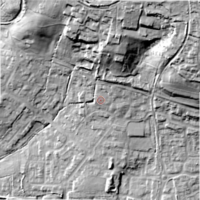 Shaded relief map of the ground around SN252NL, computed from Environment Agency LiDAR. The ground here sits at about 109 m above sea level and falls 48 m across the surrounding 800 m. Surface water reaching this point runs off ground lying to the north-east, 32.9 m higher.