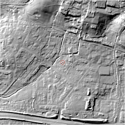 Shaded relief map of the ground around SN252PB, computed from Environment Agency LiDAR. The ground here sits at about 103 m above sea level and falls 47 m across the surrounding 800 m. Surface water reaching this point runs off ground lying to the north-east, 36.0 m higher.