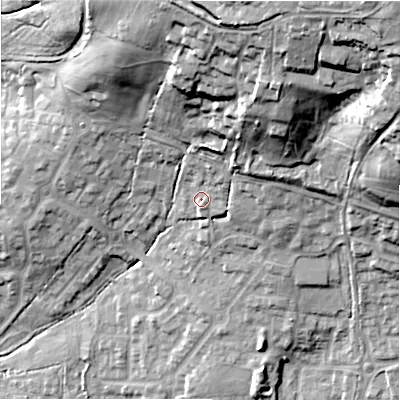 Shaded relief map of the ground around SN252PE, computed from Environment Agency LiDAR. The ground here sits at about 107 m above sea level and falls 50 m across the surrounding 800 m. Surface water reaching this point runs off ground lying to the north-east, 34.4 m higher.