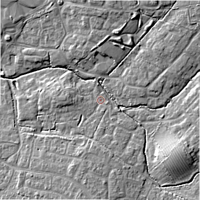 Shaded relief map of the ground around SN253TH, computed from Environment Agency LiDAR. The ground here sits at about 90 m above sea level and falls 10 m across the surrounding 800 m. Surface water reaching this point runs off ground lying to the north-north-east, 8.0 m higher.