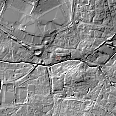 Shaded relief map of the ground around SN254FN, computed from Environment Agency LiDAR. The ground here sits at about 89 m above sea level and falls 13 m across the surrounding 800 m. Surface water reaching this point runs off ground lying to the north-east, 1.5 m higher.
