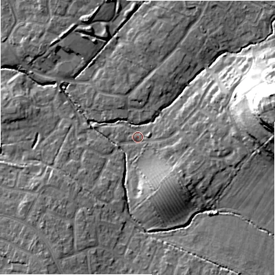 Shaded relief map of the ground around SN254TJ, computed from Environment Agency LiDAR. The ground here sits at about 90 m above sea level and falls 31 m across the surrounding 800 m. Surface water reaching this point runs off ground lying to the east-north-east, 25.6 m higher.