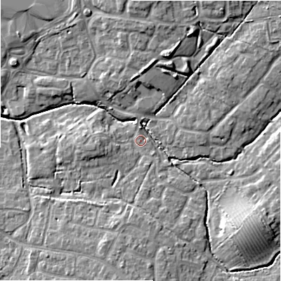 Shaded relief map of the ground around SN254TQ, computed from Environment Agency LiDAR. The ground here sits at about 90 m above sea level and falls 10 m across the surrounding 800 m. Surface water reaching this point runs off ground lying to the north-north-east, 8.0 m higher.