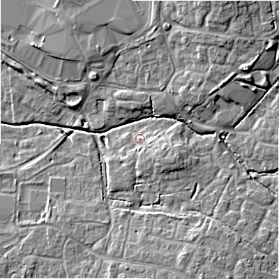 Shaded relief map of the ground around SN254UJ, computed from Environment Agency LiDAR. The ground here sits at about 90 m above sea level and falls 11 m across the surrounding 800 m. Surface water reaching this point runs off ground lying to the south-east, 2.4 m higher.