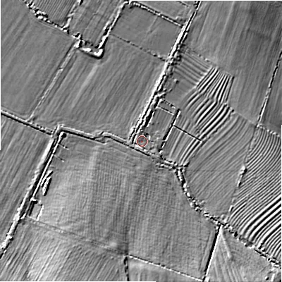 Shaded relief map of the ground around SN268DE, computed from Environment Agency LiDAR. The ground here sits at about 85 m above sea level and falls 10 m across the surrounding 800 m. Surface water reaching this point runs off ground lying to the south-east, 1.4 m higher.
