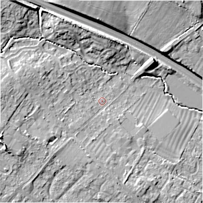 Shaded relief map of the ground around SN27PE, computed from Environment Agency LiDAR. The ground here sits at about 111 m above sea level and falls 14 m across the surrounding 800 m. Surface water reaching this point runs off ground lying to the west-south-west, 4.1 m higher.