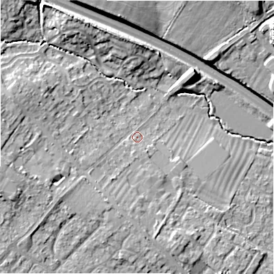 Shaded relief map of the ground around SN27PF, computed from Environment Agency LiDAR. The ground here sits at about 111 m above sea level and falls 13 m across the surrounding 800 m. Surface water reaching this point runs off ground lying to the west, 7.2 m higher.