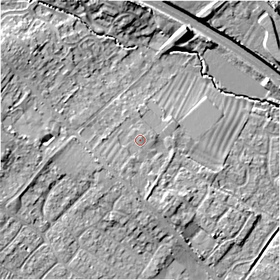 Shaded relief map of the ground around SN27SH, computed from Environment Agency LiDAR. The ground here sits at about 113 m above sea level and falls 11 m across the surrounding 800 m. Surface water reaching this point runs off ground lying to the south-west, 2.7 m higher.