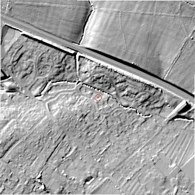 Shaded relief map of the ground around SN27WA, computed from Environment Agency LiDAR. The ground here sits at about 112 m above sea level and falls 15 m across the surrounding 800 m. Surface water reaching this point runs off ground lying to the west-south-west, 5.4 m higher.