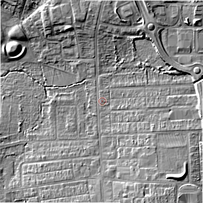 Shaded relief map of the ground around SN28AT, computed from Environment Agency LiDAR. The ground here sits at about 97 m above sea level and falls 10 m across the surrounding 800 m. Surface water reaching this point runs off ground lying to the south-east, 7.2 m higher.