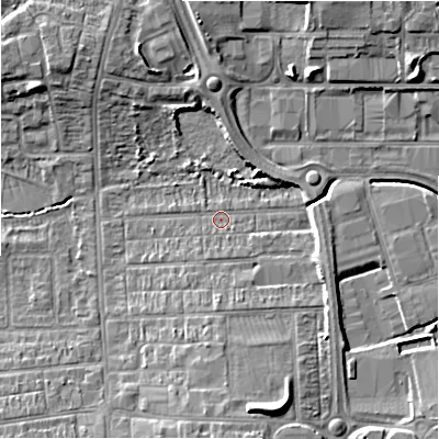 Shaded relief map of the ground around SN28AU, computed from Environment Agency LiDAR. The ground here sits at about 98 m above sea level and falls 9 m across the surrounding 800 m. Surface water reaching this point runs off ground lying to the south-south-east, 7.8 m higher.