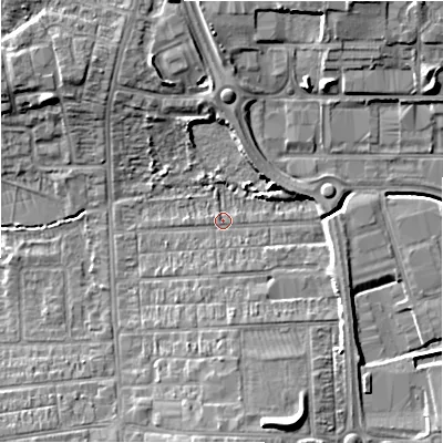 Shaded relief map of the ground around SN28AX, computed from Environment Agency LiDAR. The ground here sits at about 98 m above sea level and falls 10 m across the surrounding 800 m. Surface water reaching this point runs off ground lying to the north-north-east, 8.5 m higher.