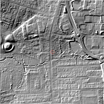 Shaded relief map of the ground around SN28AY, computed from Environment Agency LiDAR. The ground here sits at about 98 m above sea level and falls 11 m across the surrounding 800 m. Surface water reaching this point runs off ground lying to the north, 3.8 m higher.