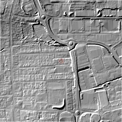 Shaded relief map of the ground around SN28BP, computed from Environment Agency LiDAR. The ground here sits at about 98 m above sea level and falls 9 m across the surrounding 800 m. Surface water reaching this point runs off ground lying to the south, 6.4 m higher.