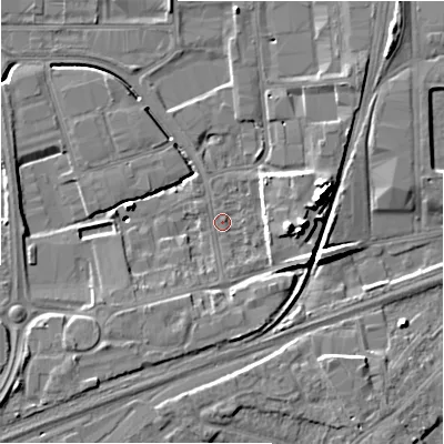 Shaded relief map of the ground around SN28DN, computed from Environment Agency LiDAR. The ground here sits at about 100 m above sea level and falls 15 m across the surrounding 800 m. Surface water reaching this point runs off ground lying to the east, 7.6 m higher.