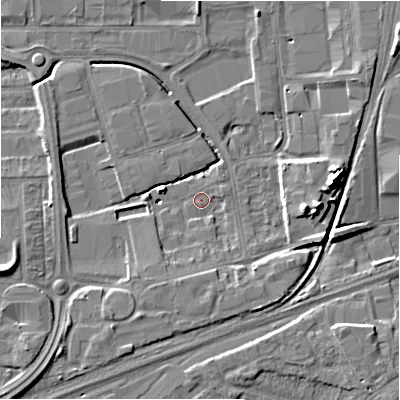 Shaded relief map of the ground around SN28DW, computed from Environment Agency LiDAR. The ground here sits at about 99 m above sea level and falls 15 m across the surrounding 800 m. Surface water reaching this point runs off ground lying to the east, 8.3 m higher.