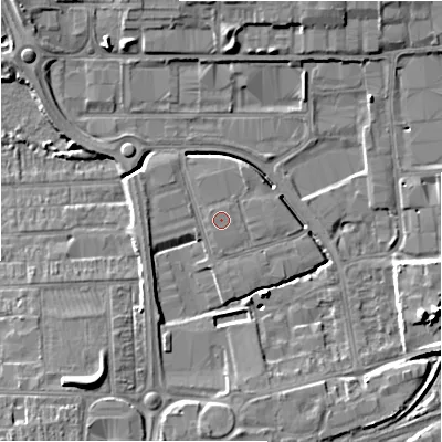 Shaded relief map of the ground around SN28EA, computed from Environment Agency LiDAR. The ground here sits at about 100 m above sea level and falls 12 m across the surrounding 800 m. The ground contributing surface water to this point lies to the south-south-west.
