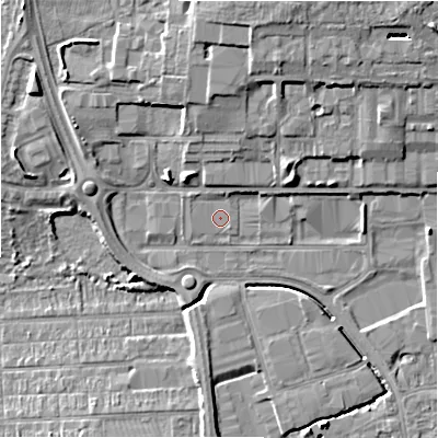 Shaded relief map of the ground around SN28EJ, computed from Environment Agency LiDAR. The ground here sits at about 100 m above sea level and falls 12 m across the surrounding 800 m. Surface water reaching this point runs off ground lying to the north-north-east, 1.3 m higher.