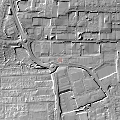 Shaded relief map of the ground around SN28HQ, computed from Environment Agency LiDAR. The ground here sits at about 99 m above sea level and falls 12 m across the surrounding 800 m. Surface water reaching this point runs off ground lying to the north-north-east, 8.3 m higher.