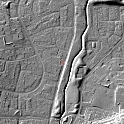 Shaded relief map of the ground around SN32AB, computed from Environment Agency LiDAR. The ground here sits at about 99 m above sea level and falls 13 m across the surrounding 800 m. Surface water reaching this point runs off ground lying to the west-south-west, 5.8 m higher.