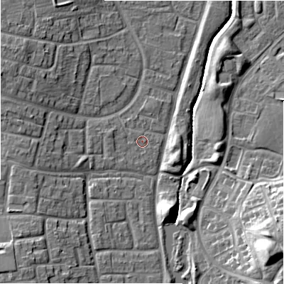 Shaded relief map of the ground around SN32AE, computed from Environment Agency LiDAR. The ground here sits at about 101 m above sea level and falls 19 m across the surrounding 800 m. Surface water reaching this point runs off ground lying to the west, 3.5 m higher.