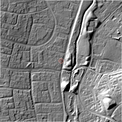 Shaded relief map of the ground around SN32AF, computed from Environment Agency LiDAR. The ground here sits at about 101 m above sea level and falls 19 m across the surrounding 800 m. Surface water reaching this point runs off ground lying to the south-south-east, 7.1 m higher.