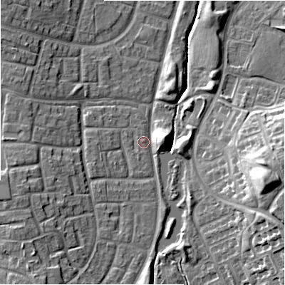Shaded relief map of the ground around SN32AG, computed from Environment Agency LiDAR. The ground here sits at about 101 m above sea level and falls 18 m across the surrounding 800 m. Surface water reaching this point runs off ground lying to the east, 6.6 m higher.