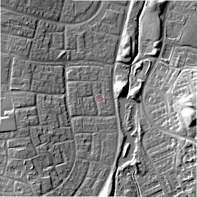 Shaded relief map of the ground around SN32AH, computed from Environment Agency LiDAR. The ground here sits at about 101 m above sea level and falls 18 m across the surrounding 800 m. Surface water reaching this point runs off ground lying to the south-south-west, 6.7 m higher.