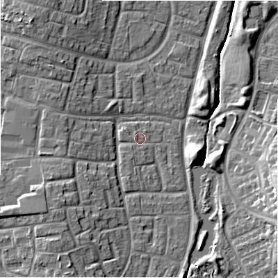Shaded relief map of the ground around SN32AJ, computed from Environment Agency LiDAR. The ground here sits at about 102 m above sea level and falls 10 m across the surrounding 800 m. Surface water reaching this point runs off ground lying to the south-south-west, 1.1 m higher.