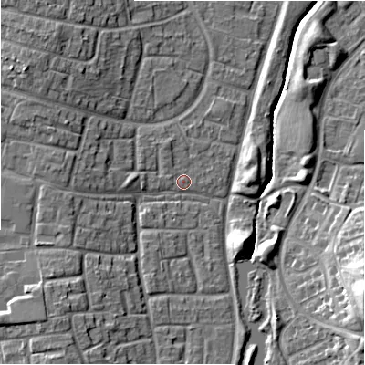 Shaded relief map of the ground around SN32LL, computed from Environment Agency LiDAR. The ground here sits at about 101 m above sea level and falls 16 m across the surrounding 800 m. Surface water reaching this point runs off ground lying to the west, 3.1 m higher.