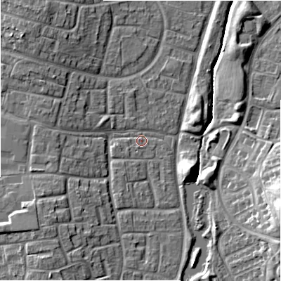 Shaded relief map of the ground around SN32LN, computed from Environment Agency LiDAR. The ground here sits at about 101 m above sea level and falls 14 m across the surrounding 800 m. Surface water reaching this point runs off ground lying to the south-west, 6.0 m higher.