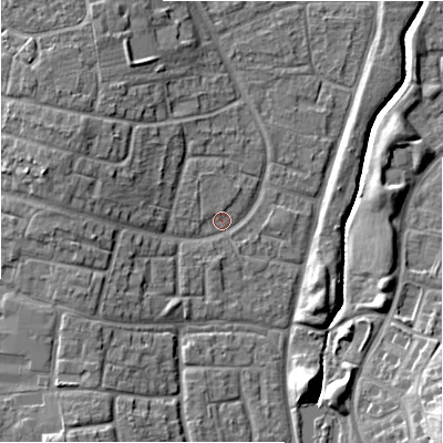 Shaded relief map of the ground around SN32PE, computed from Environment Agency LiDAR. The ground here sits at about 101 m above sea level and falls 12 m across the surrounding 800 m. Surface water reaching this point runs off ground lying to the west-north-west, 5.2 m higher.