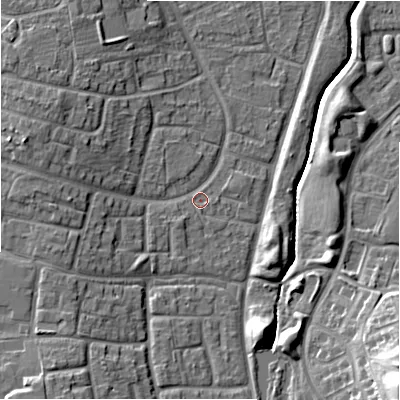 Shaded relief map of the ground around SN32PF, computed from Environment Agency LiDAR. The ground here sits at about 101 m above sea level and falls 18 m across the surrounding 800 m. Surface water reaching this point runs off ground lying to the west-north-west, 5.2 m higher.