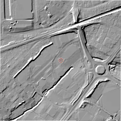 Shaded relief map of the ground around SN33SG, computed from Environment Agency LiDAR. The ground here sits at about 98 m above sea level and falls 12 m across the surrounding 800 m. Surface water reaching this point runs off ground lying to the north-north-east, 5.7 m higher.