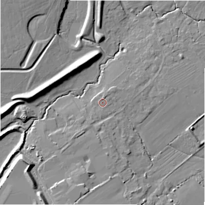 Shaded relief map of the ground around SN34AH, computed from Environment Agency LiDAR. The ground here sits at about 96 m above sea level and falls 13 m across the surrounding 800 m. Surface water reaching this point runs off ground lying to the north-north-east, 1.1 m higher.