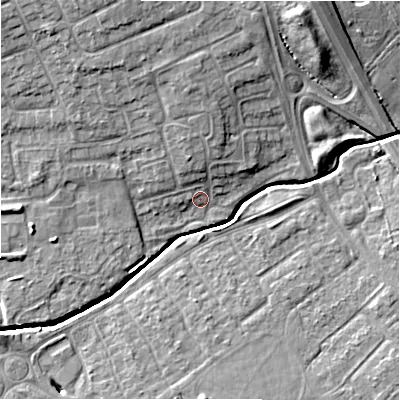 Shaded relief map of the ground around SN34BJ, computed from Environment Agency LiDAR. The ground here sits at about 95 m above sea level and falls 10 m across the surrounding 800 m. Surface water reaching this point runs off ground lying to the north-north-west, 7.9 m higher.
