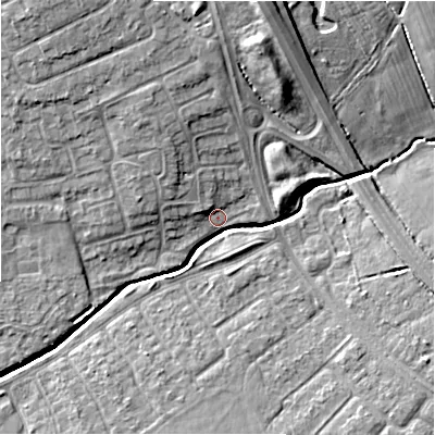 Shaded relief map of the ground around SN34BL, computed from Environment Agency LiDAR. The ground here sits at about 94 m above sea level and falls 12 m across the surrounding 800 m. Surface water reaching this point runs off ground lying to the north, 9.2 m higher.